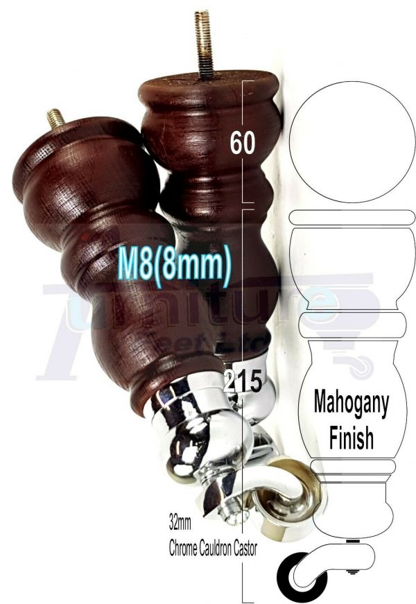 4x TURNED WOODEN CASTOR LEGS 215mm High CHAIR REPLACEMENT FURNITURE FEET M8(8mm) - Image 19