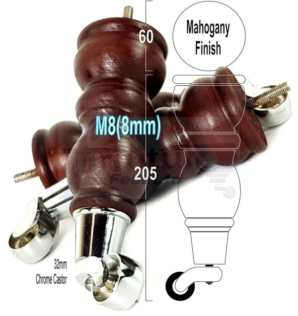 4x TURNED WOODEN CASTOR LEGS 215mm High CHAIR REPLACEMENT FURNITURE FEET M8(8mm) - Image 15