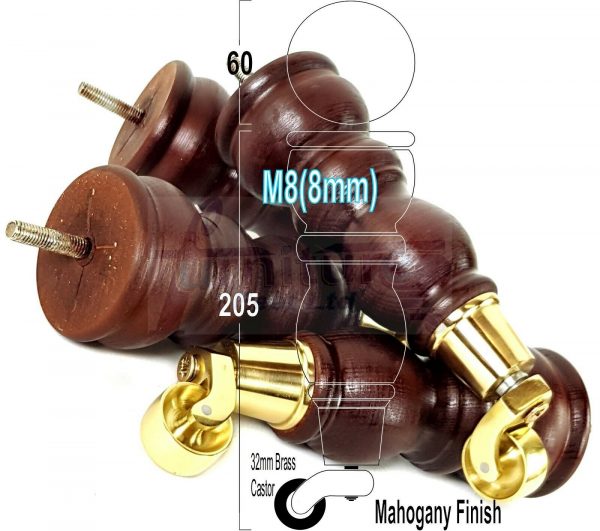 4x TURNED WOODEN CASTOR LEGS 215mm High CHAIR REPLACEMENT FURNITURE FEET M8(8mm) - Image 14