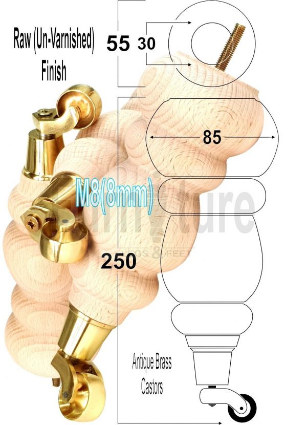 4x Turned Wood Furniture Castor Leg M8 Replacement Feet Chairs Stools Sofa 250mm - Image 29