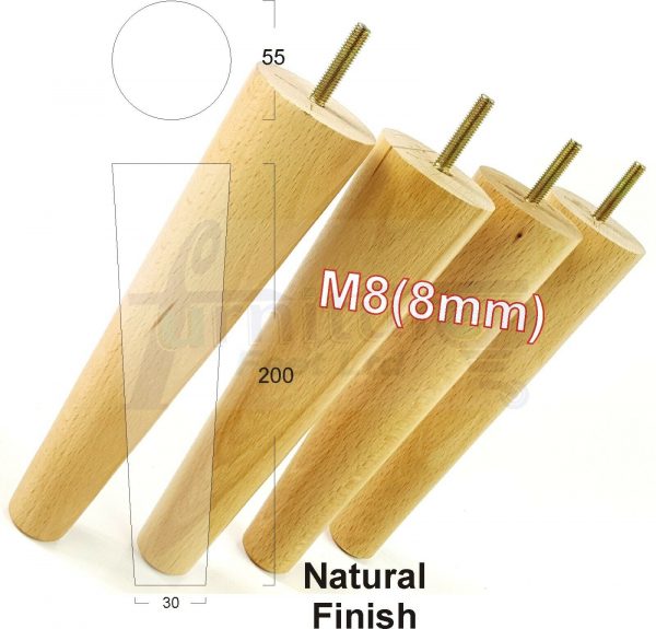 4x WOOD REPLACEMENT FURNITURE CHAIR LEG M8(8mm) TAPERED SETTEE FEET 200mm HIGH - Image 27