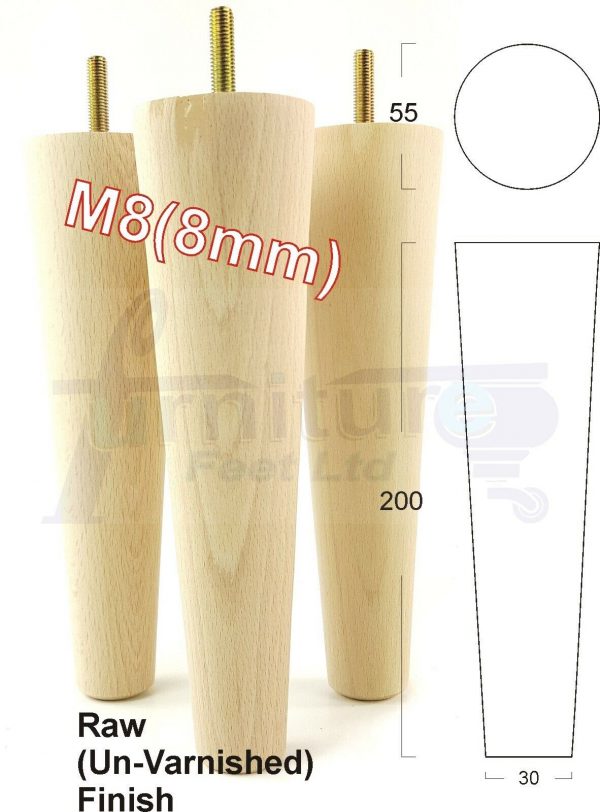 4x WOOD REPLACEMENT FURNITURE CHAIR LEG M8(8mm) TAPERED SETTEE FEET 200mm HIGH - Image 33
