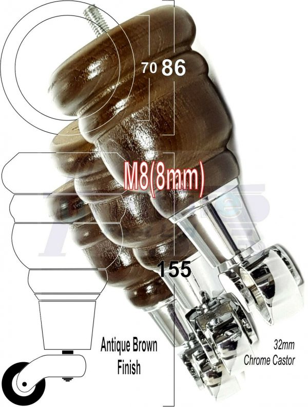 4x WOODEN FURNITURE LEGS M8(8mm) CHAIR REPLACEMENT CHROME CASTOR FEET 155mm HIGH - Image 14