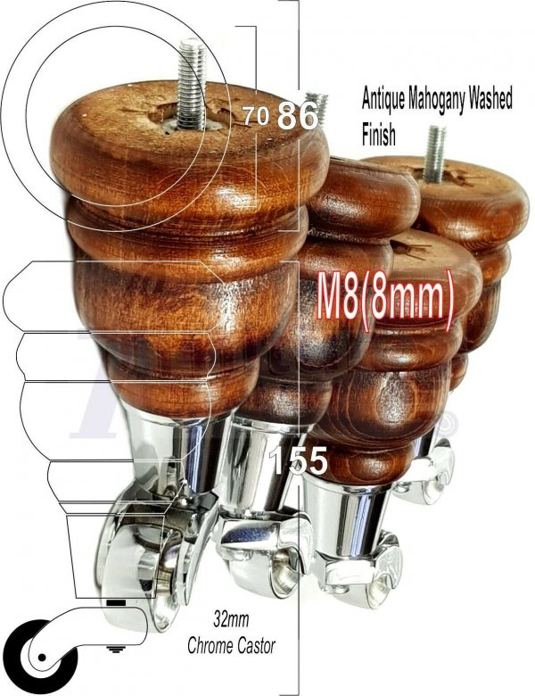 4x WOODEN FURNITURE LEGS M8(8mm) CHAIR REPLACEMENT CHROME CASTOR FEET 155mm HIGH - Image 40