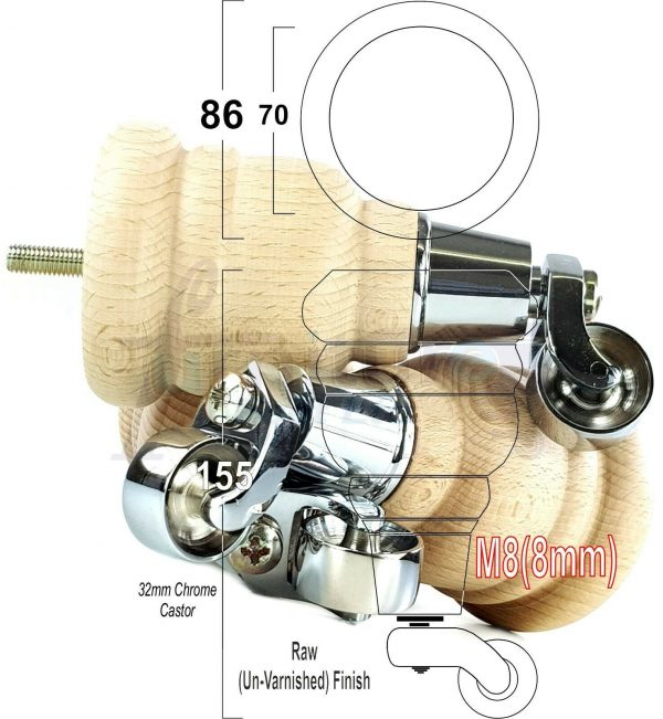 4x WOODEN FURNITURE LEGS M8(8mm) CHAIR REPLACEMENT CHROME CASTOR FEET 155mm HIGH - Image 34