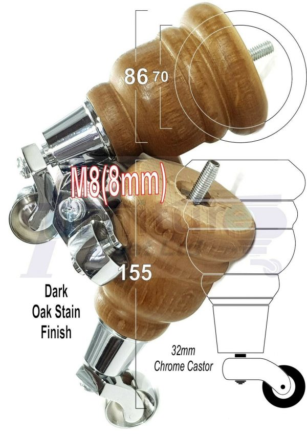 4x WOODEN FURNITURE LEGS M8(8mm) CHAIR REPLACEMENT CHROME CASTOR FEET 155mm HIGH - Image 32