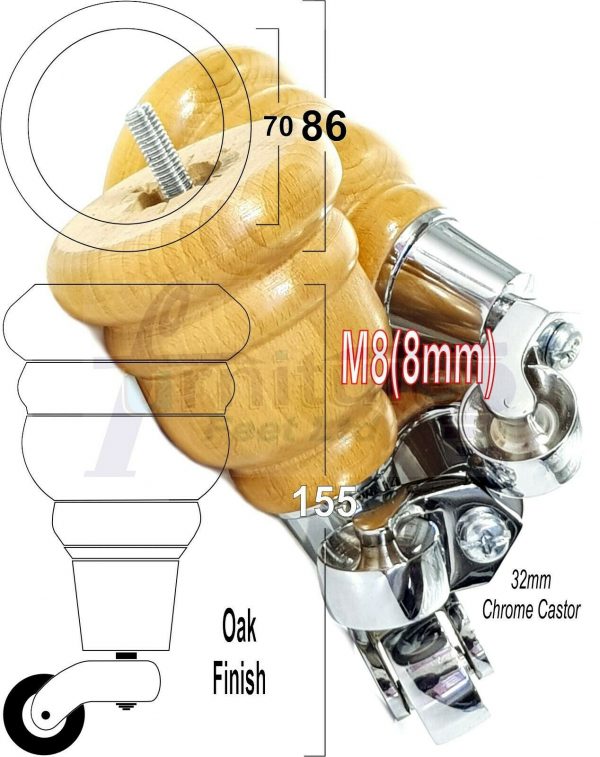 4x WOODEN FURNITURE LEGS M8(8mm) CHAIR REPLACEMENT CHROME CASTOR FEET 155mm HIGH - Image 30
