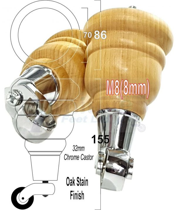 4x WOODEN FURNITURE LEGS M8(8mm) CHAIR REPLACEMENT CHROME CASTOR FEET 155mm HIGH - Image 31