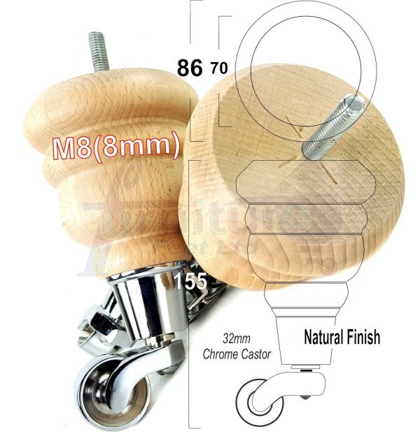 4x WOODEN FURNITURE LEGS M8(8mm) CHAIR REPLACEMENT CHROME CASTOR FEET 155mm HIGH - Image 29