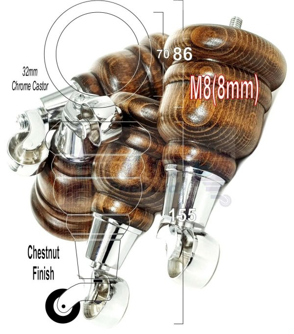 4x WOODEN FURNITURE LEGS M8(8mm) CHAIR REPLACEMENT CHROME CASTOR FEET 155mm HIGH - Image 43