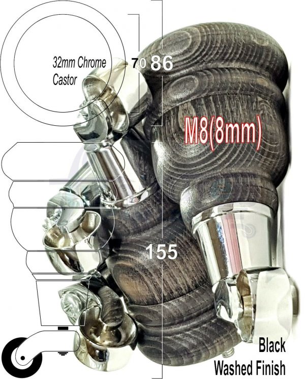 4x WOODEN FURNITURE LEGS M8(8mm) CHAIR REPLACEMENT CHROME CASTOR FEET 155mm HIGH - Image 17
