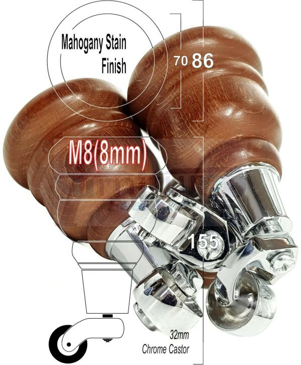 4x WOODEN FURNITURE LEGS M8(8mm) CHAIR REPLACEMENT CHROME CASTOR FEET 155mm HIGH - Image 26