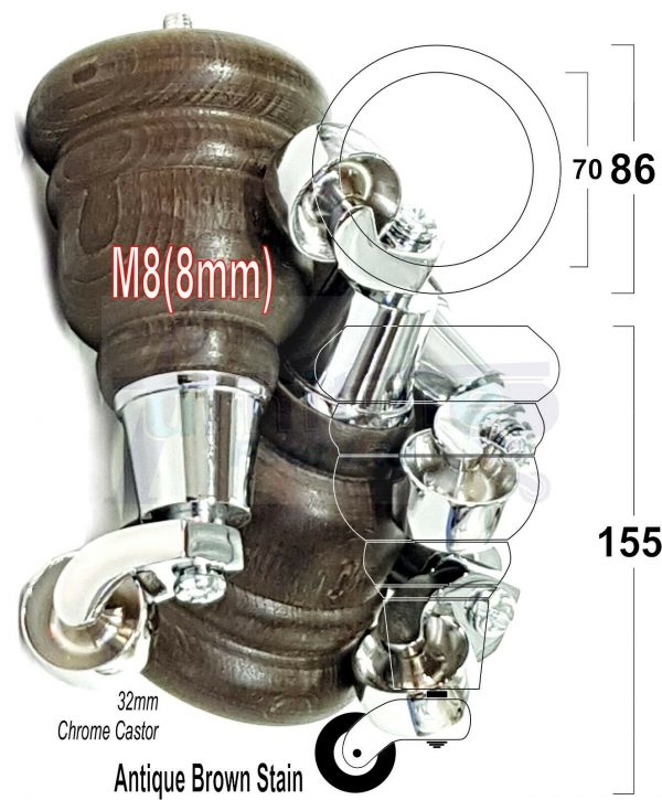 4x WOODEN FURNITURE LEGS M8(8mm) CHAIR REPLACEMENT CHROME CASTOR FEET 155mm HIGH - Image 15