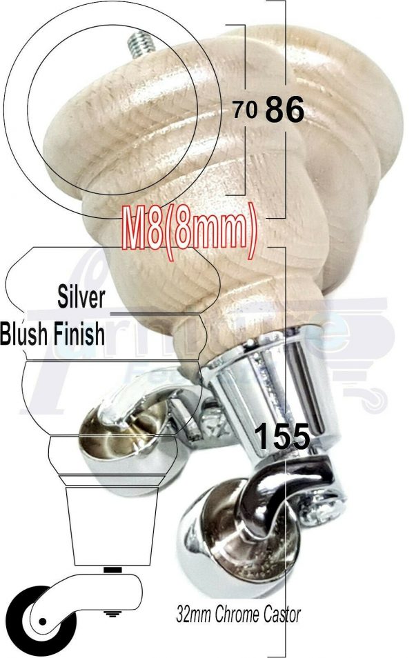 4x WOODEN FURNITURE LEGS M8(8mm) CHAIR REPLACEMENT CHROME CASTOR FEET 155mm HIGH - Image 18