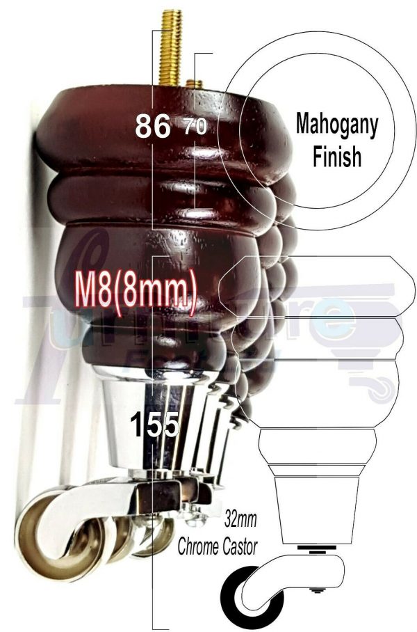 4x WOODEN FURNITURE LEGS M8(8mm) CHAIR REPLACEMENT CHROME CASTOR FEET 155mm HIGH - Image 25