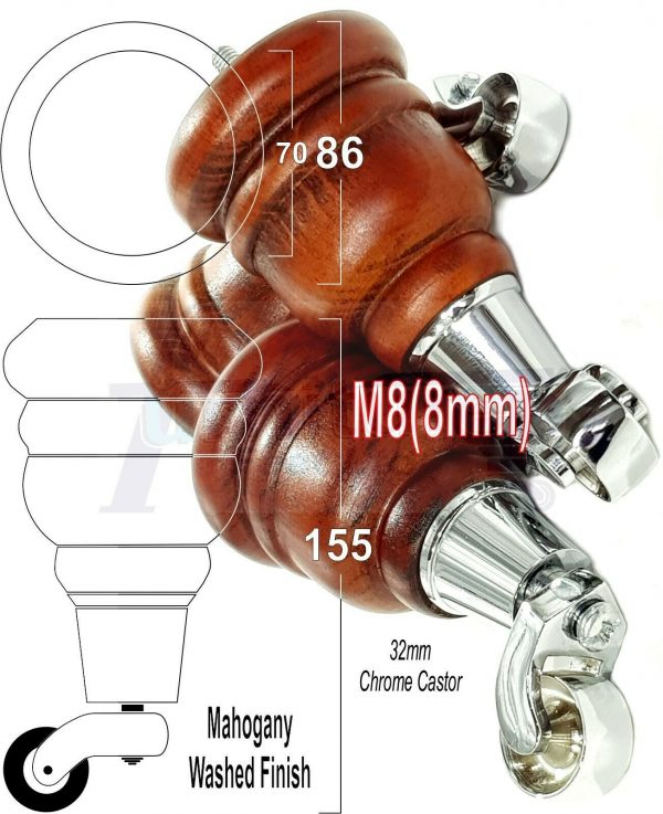 4x WOODEN FURNITURE LEGS M8(8mm) CHAIR REPLACEMENT CHROME CASTOR FEET 155mm HIGH - Image 27