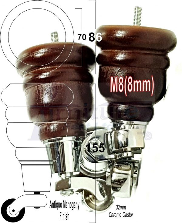 4x WOODEN FURNITURE LEGS M8(8mm) CHAIR REPLACEMENT CHROME CASTOR FEET 155mm HIGH - Image 38