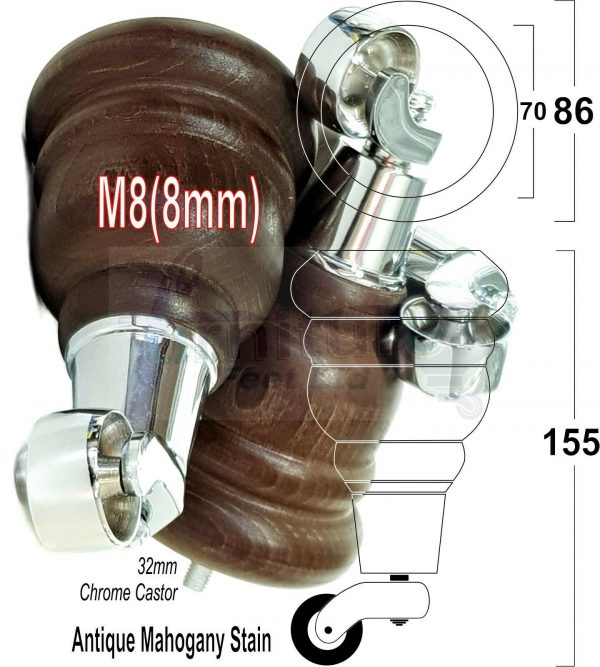 4x WOODEN FURNITURE LEGS M8(8mm) CHAIR REPLACEMENT CHROME CASTOR FEET 155mm HIGH - Image 39