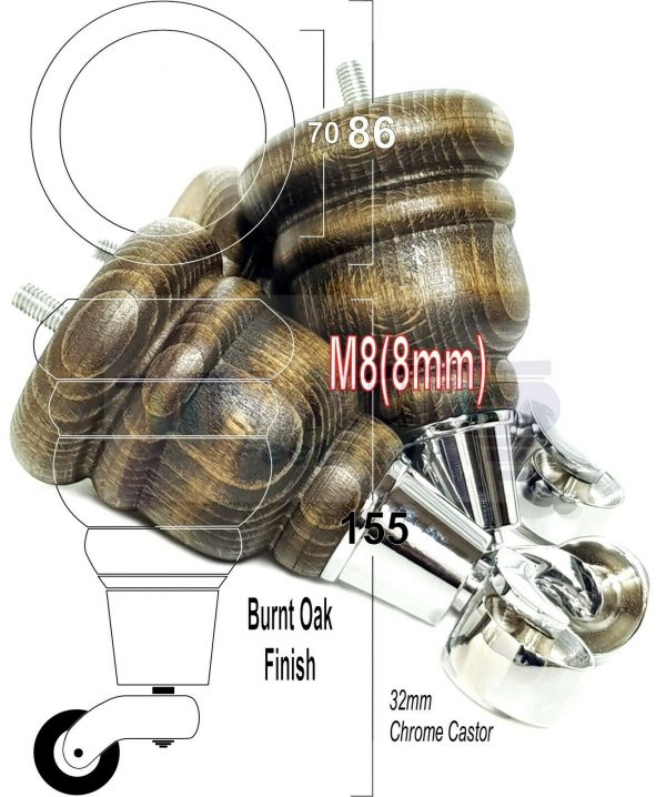 4x WOODEN FURNITURE LEGS M8(8mm) CHAIR REPLACEMENT CHROME CASTOR FEET 155mm HIGH - Image 42