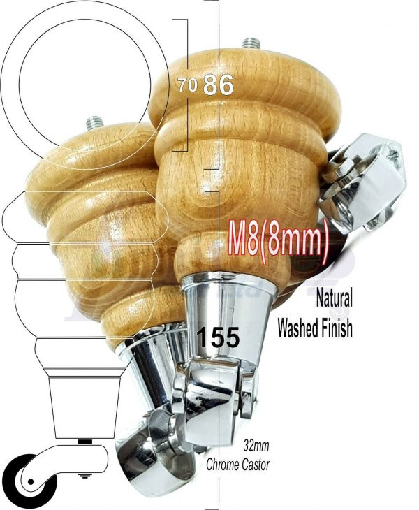 4x WOODEN FURNITURE LEGS M8(8mm) CHAIR REPLACEMENT CHROME CASTOR FEET 155mm HIGH - Image 44