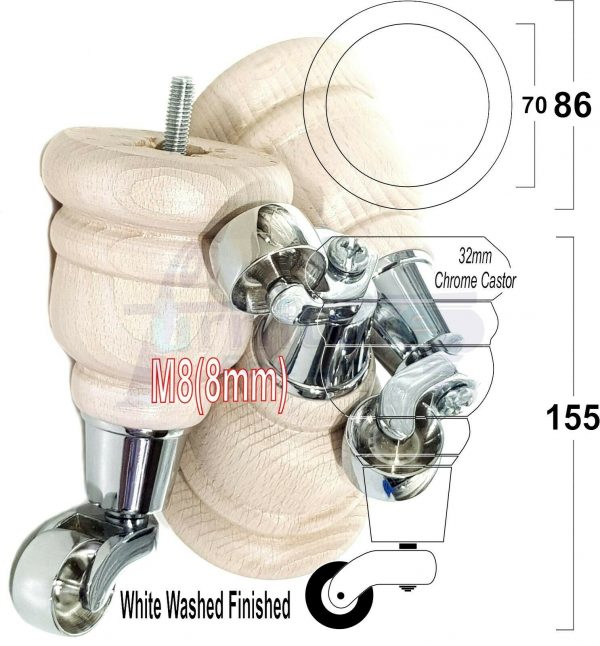 4x WOODEN FURNITURE LEGS M8(8mm) CHAIR REPLACEMENT CHROME CASTOR FEET 155mm HIGH - Image 37