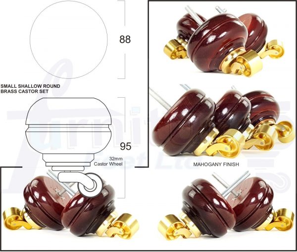 4 Turned Bun Wood Furniture Sofa Chair Legs M8 Replacement Castor Feet 95mm High - Image 6