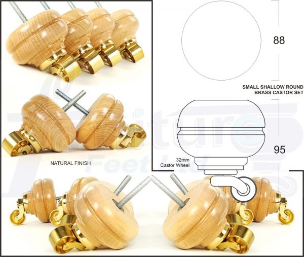 4 Turned Bun Wood Furniture Sofa Chair Legs M8 Replacement Castor Feet 95mm High - Image 8
