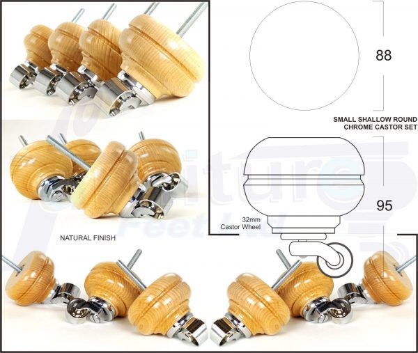 4 Turned Bun Wood Furniture Sofa Chair Legs M8 Replacement Castor Feet 95mm High - Image 9