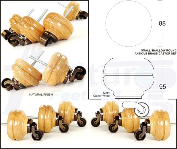 4 Turned Bun Wood Furniture Sofa Chair Legs M8 Replacement Castor Feet 95mm High - Image 10