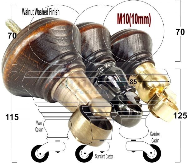 4 Wooden Furniture Sofa Legs M8 Replacment Chair Feet & Castors 120mm High - Image 3