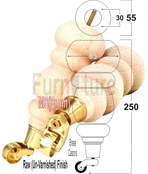4x Turned Wood Furniture Castor Leg M8 Replacement Feet Chairs Settee Sofa 200mm - Image 13