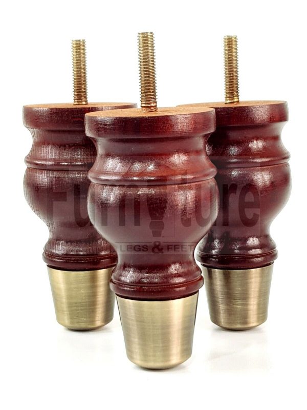4x Turned Wooden Furniture Leg Brass Slipper Cup Sofa, Chair Feet 110mm High M8 - Image 6