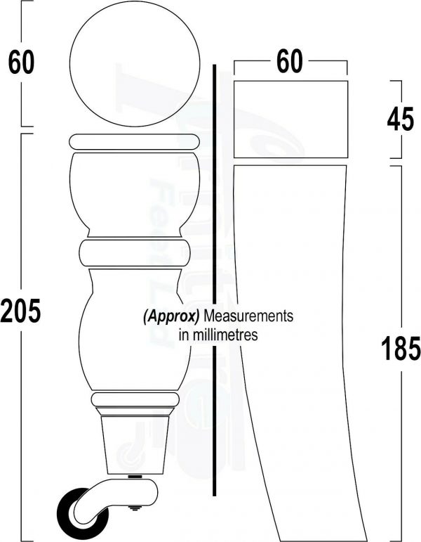 RAW WOODEN FURNITURE SETTEE LEGS M8 REPLACEMENT FEET 2 WITH CASTORS 215mm HIGH - Image 3