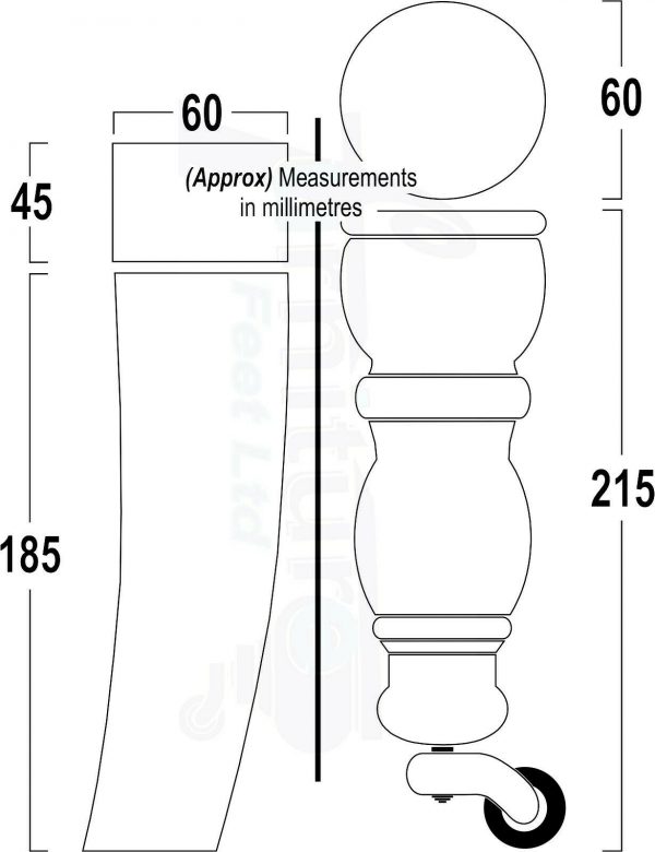 RAW WOODEN FURNITURE SETTEE LEGS M8 REPLACEMENT FEET 2 WITH CASTORS 215mm HIGH - Image 5