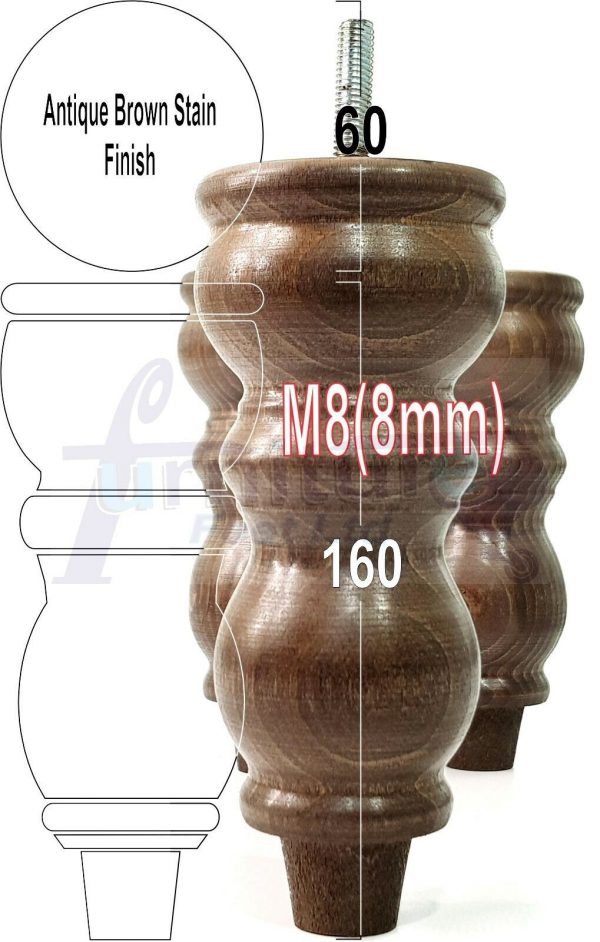 4x Solid Wood Furniture Legs M8(8mm) Chair Replacement Turned Bun Feet 160mm High - Image 14