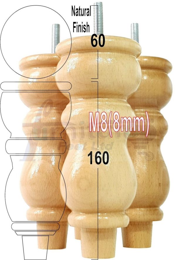 4x Solid Wood Furniture Legs M8(8mm) Chair Replacement Turned Bun Feet 160mm High - Image 27