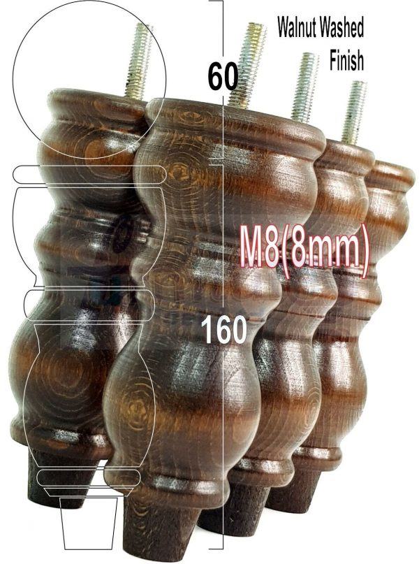 4x Solid Wood Furniture Legs M8(8mm) Chair Replacement Turned Bun Feet 160mm High - Image 19