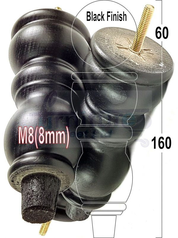 4x Solid Wood Furniture Legs M8(8mm) Chair Replacement Turned Bun Feet 160mm High - Image 15