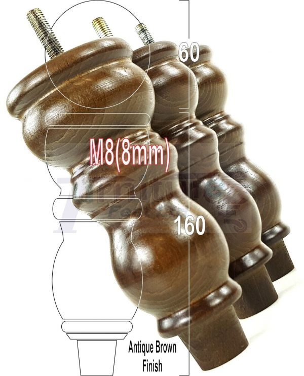 4x Solid Wood Furniture Legs M8(8mm) Chair Replacement Turned Bun Feet 160mm High - Image 13