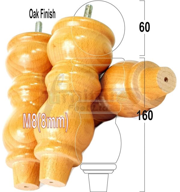 4x Solid Wood Furniture Legs M8(8mm) Chair Replacement Turned Bun Feet 160mm High - Image 28
