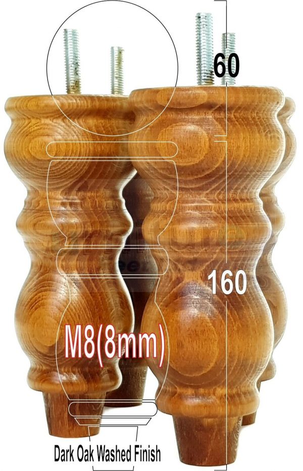 4x Solid Wood Furniture Legs M8(8mm) Chair Replacement Turned Bun Feet 160mm High - Image 18