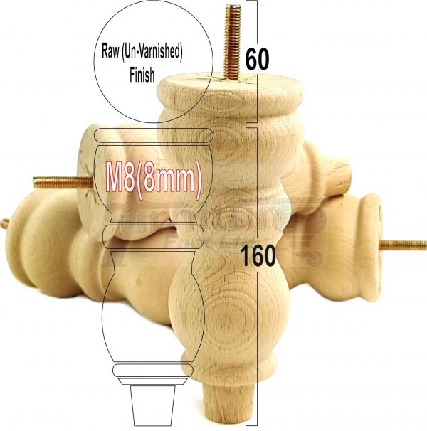 4x Solid Wood Furniture Legs M8(8mm) Chair Replacement Turned Bun Feet 160mm High - Image 33