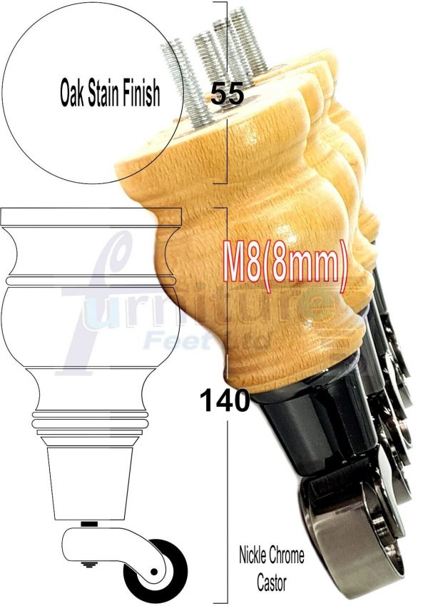 4x Wooden Furniture Sofa Legs M8 Castor Replacment Chair Settee Feet 150mm High - Image 17