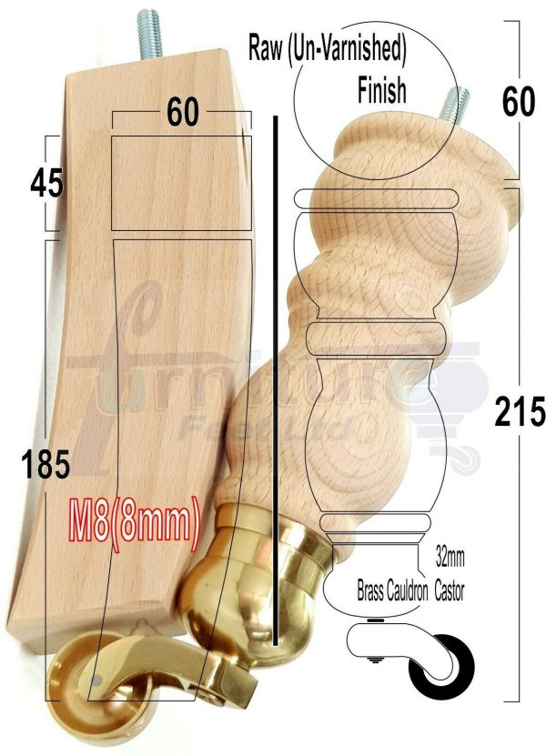RAW WOODEN FURNITURE SETTEE LEGS M8 REPLACEMENT FEET 2 WITH CASTORS 215mm HIGH - Image 16