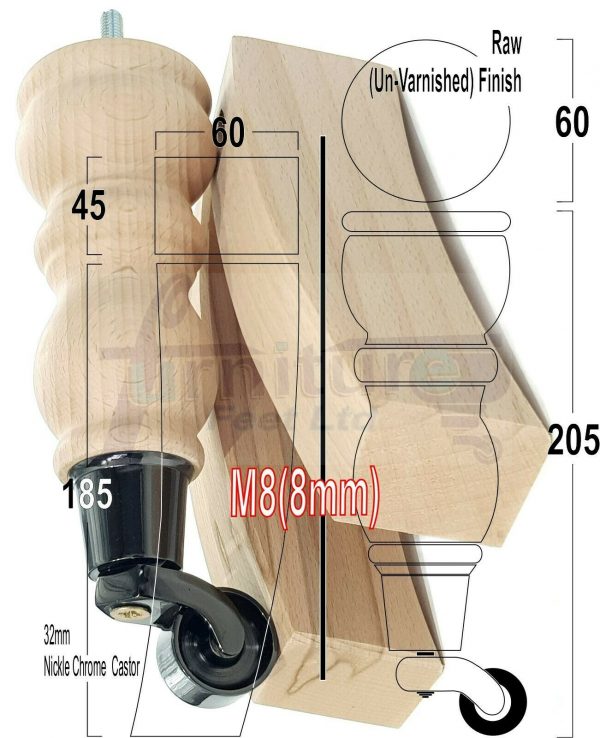 RAW WOODEN FURNITURE SETTEE LEGS M8 REPLACEMENT FEET 2 WITH CASTORS 215mm HIGH - Image 15