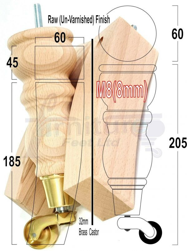 RAW WOODEN FURNITURE SETTEE LEGS M8 REPLACEMENT FEET 2 WITH CASTORS 215mm HIGH - Image 12