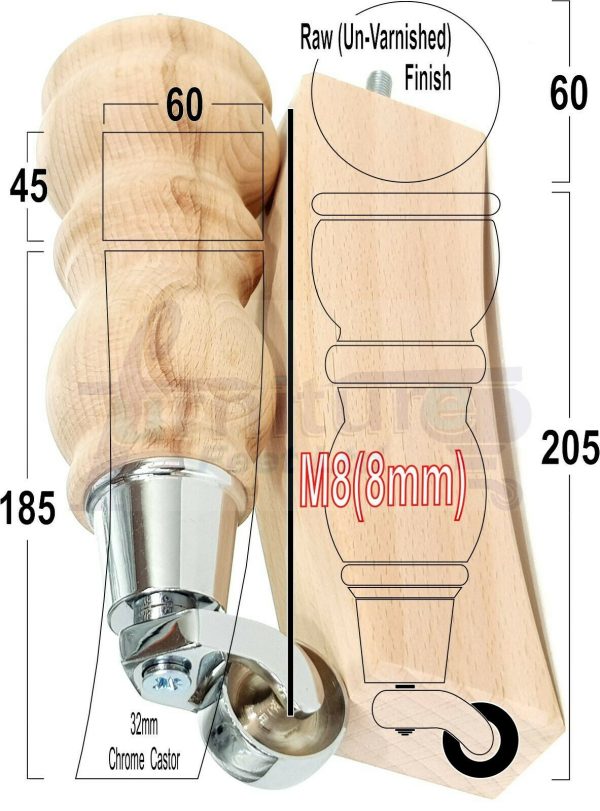 RAW WOODEN FURNITURE SETTEE LEGS M8 REPLACEMENT FEET 2 WITH CASTORS 215mm HIGH - Image 13
