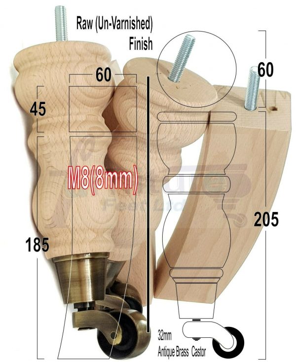 RAW WOODEN FURNITURE SETTEE LEGS M8 REPLACEMENT FEET 2 WITH CASTORS 215mm HIGH - Image 14