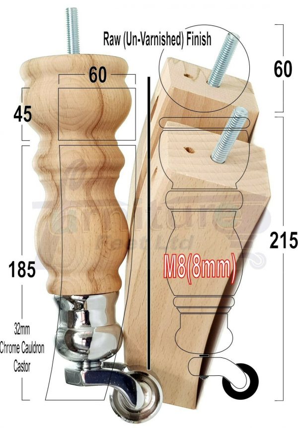 RAW WOODEN FURNITURE SETTEE LEGS M8 REPLACEMENT FEET 2 WITH CASTORS 215mm HIGH - Image 17