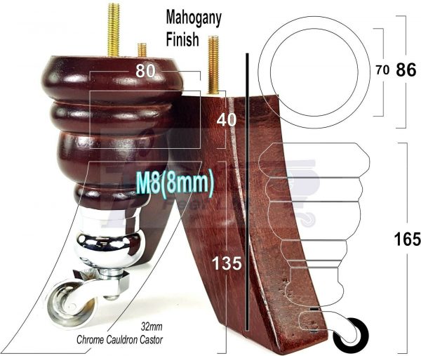 TURNED WOOD CASTOR LEGS 165mm High CHAIR REPLACEMENT SOFA FURNITURE FEET M8(8mm) - Image 17